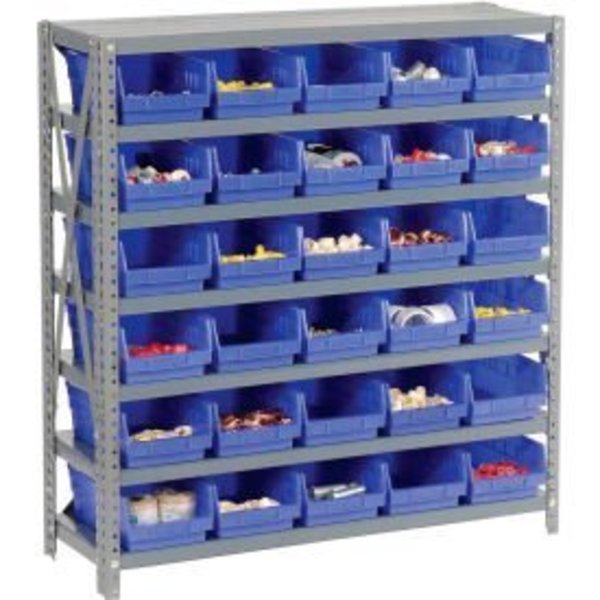 Global Equipment Steel Shelving with 30 4"H Plastic Shelf Bins Blue, 36x18x39-7 Shelves 603435BL